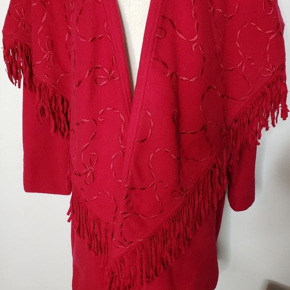 LIKE NEW Vintage Red Wool Fringe Embroidered Pea Coat Western Bohemian Winter - Picture 7 of 16
